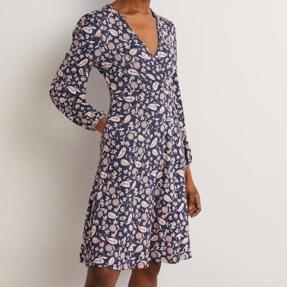Boden Easy Fixed Wrap Jersey Dress in French Navy, Flower Garden